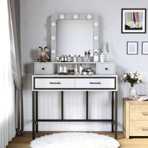 English Elm Vanity Desk with Hollywood Lighted Mirror 4 Drawers Dimmable LED Bedroom Makeup Table White T6051P542920