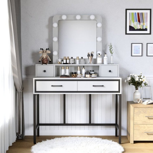English Elm Vanity Desk with Hollywood Lighted Mirror 4 Drawers Dimmable LED Bedroom Makeup Table White T6051P542920