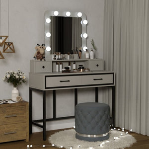English Elm Vanity Desk with Hollywood Lighted Mirror 4 Drawers Dimmable LED Bedroom Makeup Table White T6051P542920