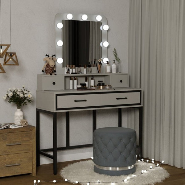 English Elm Vanity Desk with Hollywood Lighted Mirror 4 Drawers Dimmable LED Bedroom Makeup Table White T6051P542920