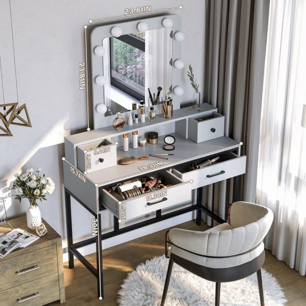 English Elm Vanity Desk with Hollywood Lighted Mirror 4 Drawers Dimmable LED Bedroom Makeup Table White T6051P542920