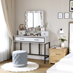 English Elm Vanity Desk with Hollywood Lighted Mirror 4 Drawers Dimmable LED Bedroom Makeup Table White T6051P542920