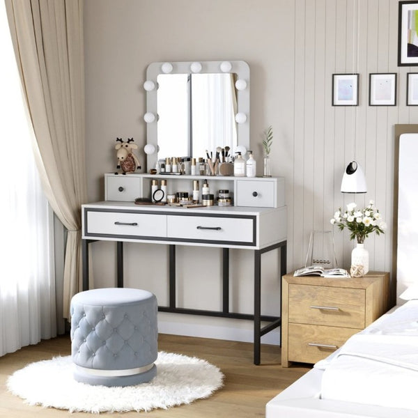 English Elm Vanity Desk with Hollywood Lighted Mirror 4 Drawers Dimmable LED Bedroom Makeup Table White T6051P542920