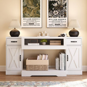 English Elm Farmhouse Media Console with X-Door Cabinet Adjustable Shelves and Fits TVs up to 75 Inches White T6051P542979