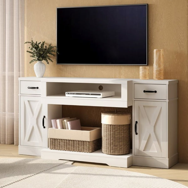 English Elm Farmhouse Media Console with X-Door Cabinet Adjustable Shelves and Fits TVs up to 75 Inches White T6051P542979