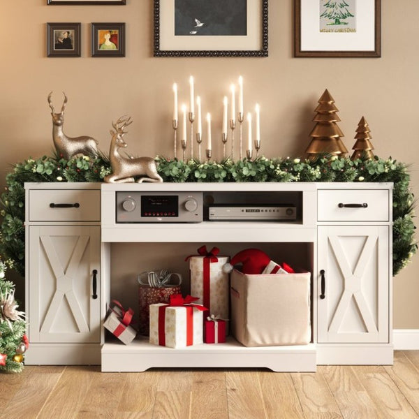 English Elm Farmhouse Media Console with X-Door Cabinet Adjustable Shelves and Fits TVs up to 75 Inches White T6051P542979