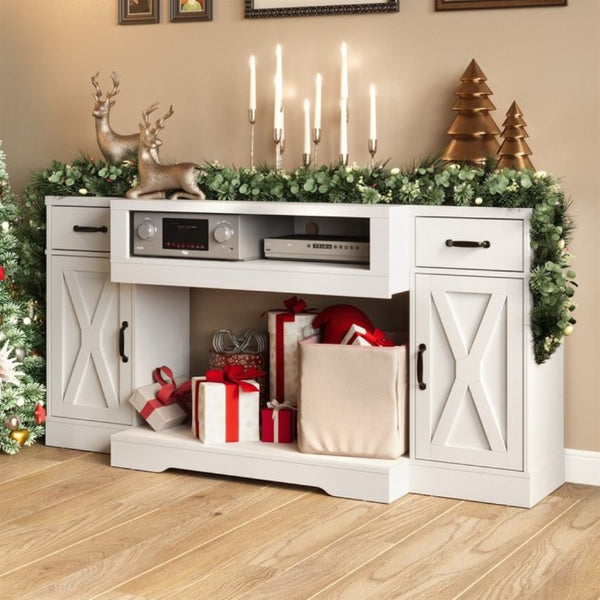 English Elm Farmhouse Media Console with X-Door Cabinet Adjustable Shelves and Fits TVs up to 75 Inches White T6051P542979