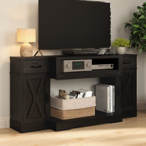 English Elm Farmhouse Media Console with X-Door Cabinet Adjustable Shelves and Fits TVs up to 75 Inches Black T6051P542982