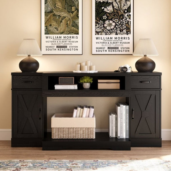 English Elm Farmhouse Media Console with X-Door Cabinet Adjustable Shelves and Fits TVs up to 75 Inches Black T6051P542982