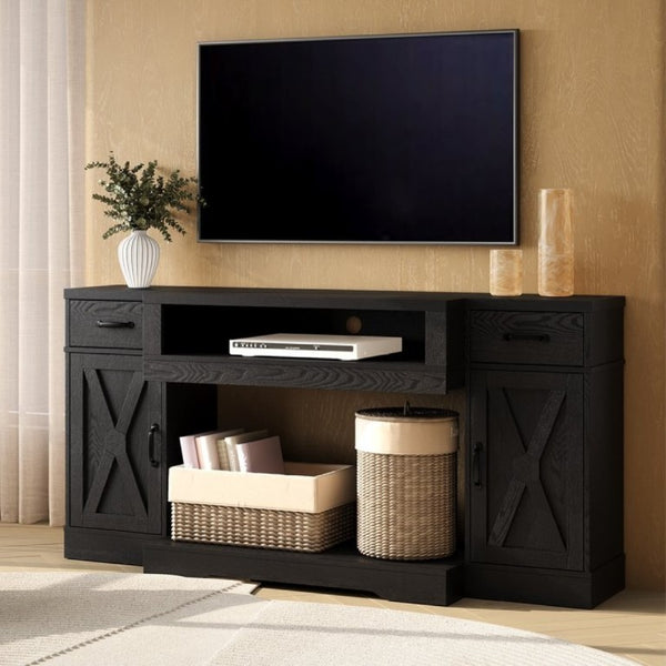 English Elm Farmhouse Media Console with X-Door Cabinet Adjustable Shelves and Fits TVs up to 75 Inches Black T6051P542982