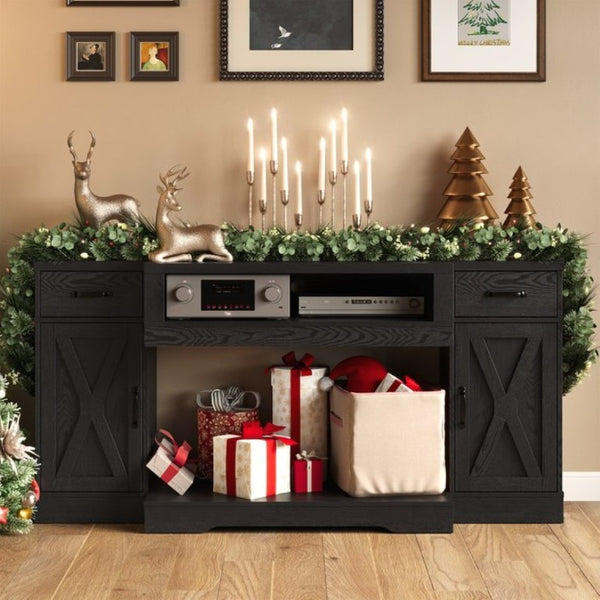 English Elm Farmhouse Media Console with X-Door Cabinet Adjustable Shelves and Fits TVs up to 75 Inches Black T6051P542982