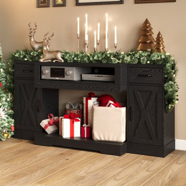 English Elm Farmhouse Media Console with X-Door Cabinet Adjustable Shelves and Fits TVs up to 75 Inches Black T6051P542982
