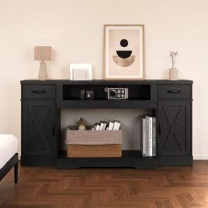English Elm Farmhouse Media Console with X-Door Cabinet Adjustable Shelves and Fits TVs up to 75 Inches Black T6051P542982
