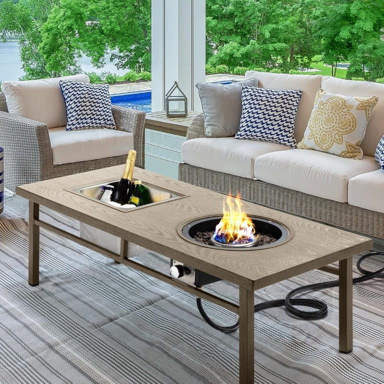 English Elm Aluminum 3In1 Propane Fire Pit Coffee Table with Ice Bucket and Lava Rocks Patio T6051P586094