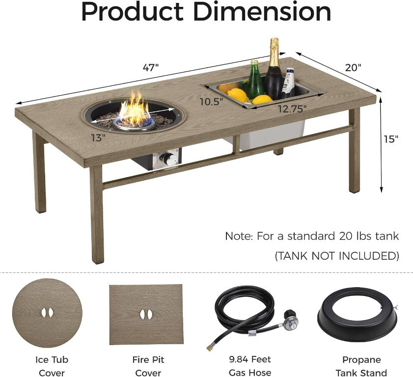 English Elm Aluminum 3In1 Propane Fire Pit Coffee Table with Ice Bucket and Lava Rocks Patio T6051P586094