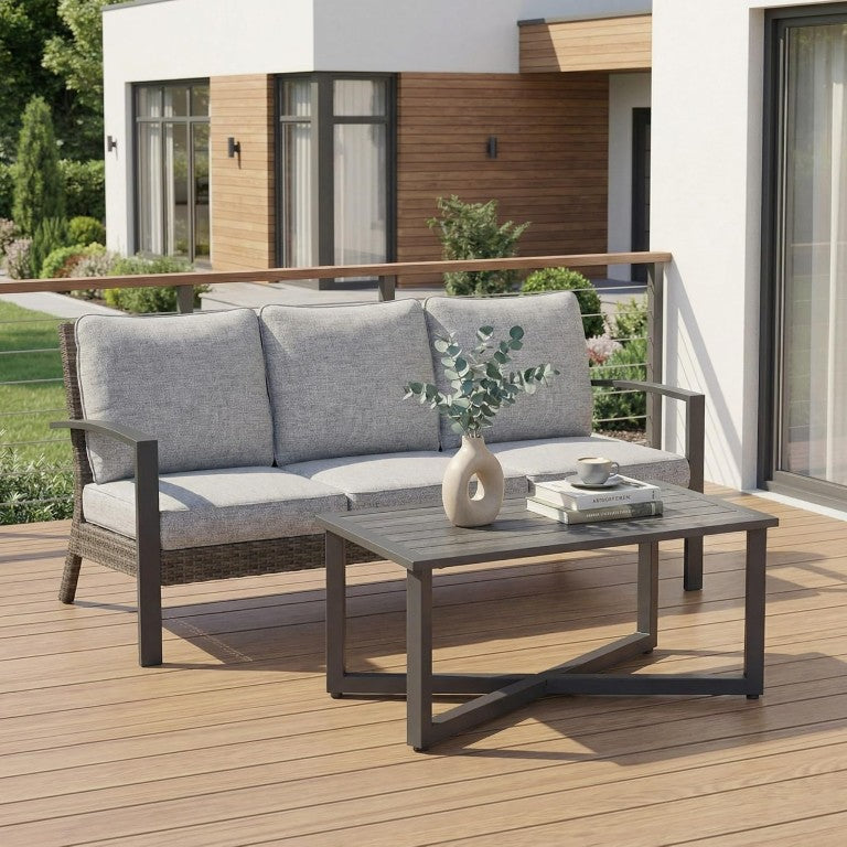 English Elm Patio Wicker Sofa Set with Coffee Table All Weather Steel Frame Outdoor Lounge T6051P586119