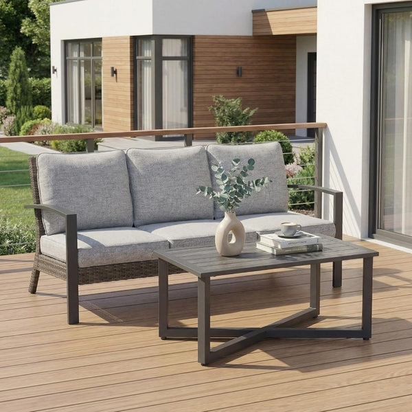 English Elm Patio Wicker Sofa Set with Coffee Table All Weather Steel Frame Outdoor Lounge T6051P586119