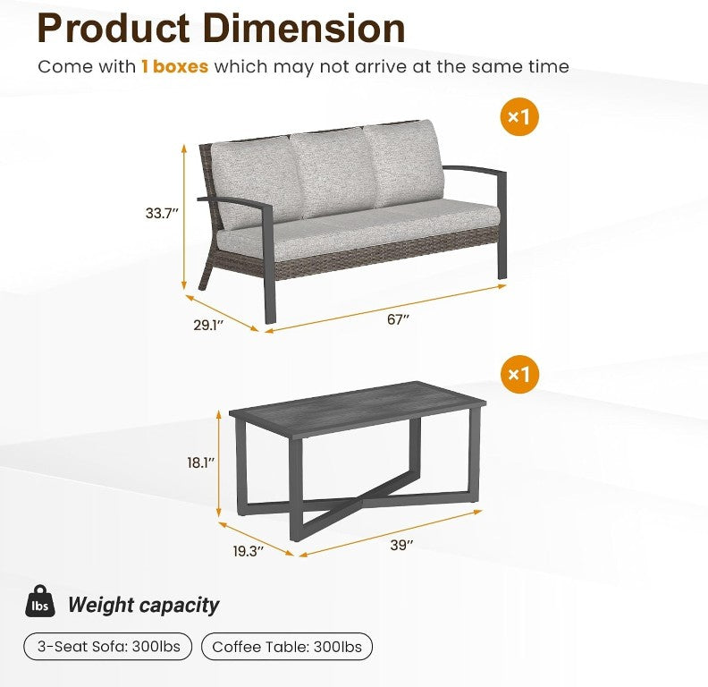 English Elm Patio Wicker Sofa Set with Coffee Table All Weather Steel Frame Outdoor Lounge T6051P586119