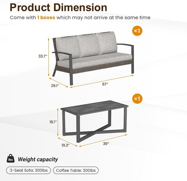 English Elm Patio Wicker Sofa Set with Coffee Table All Weather Steel Frame Outdoor Lounge T6051P586119