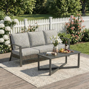 English Elm Patio Wicker Sofa Set with Coffee Table All Weather Steel Frame Outdoor Lounge T6051P586119