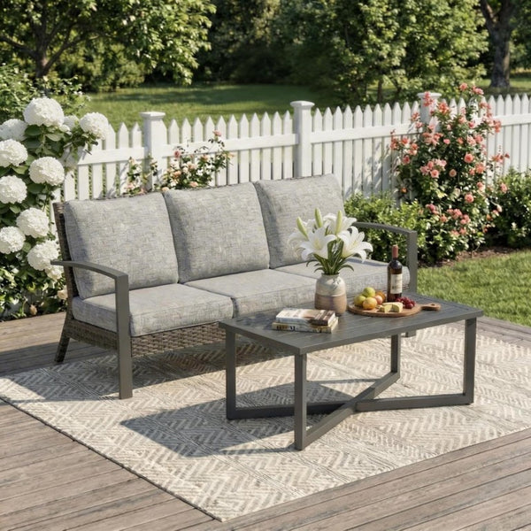 English Elm Patio Wicker Sofa Set with Coffee Table All Weather Steel Frame Outdoor Lounge T6051P586119