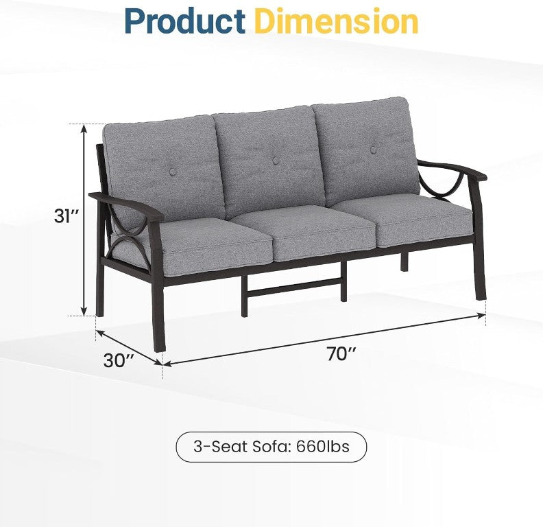 English Elm Patio Three Seat Outdoor Sofa Steel Frame Powder Coated with Foam Cushions Balcony T6051P586234