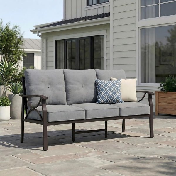English Elm Patio Three Seat Outdoor Sofa Steel Frame Powder Coated with Foam Cushions Balcony T6051P586234