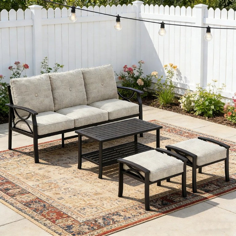 English Elm 4 Piece Outdoor Patio Seating Set with Steel Frame Cushioned Sofa and Tiered Table T6051P586255