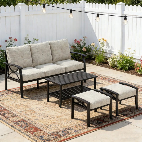 English Elm 4 Piece Outdoor Patio Seating Set with Steel Frame Cushioned Sofa and Tiered Table T6051P586255