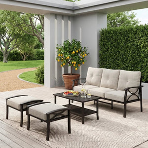 English Elm 4 Piece Outdoor Patio Seating Set with Steel Frame Cushioned Sofa and Tiered Table T6051P586255