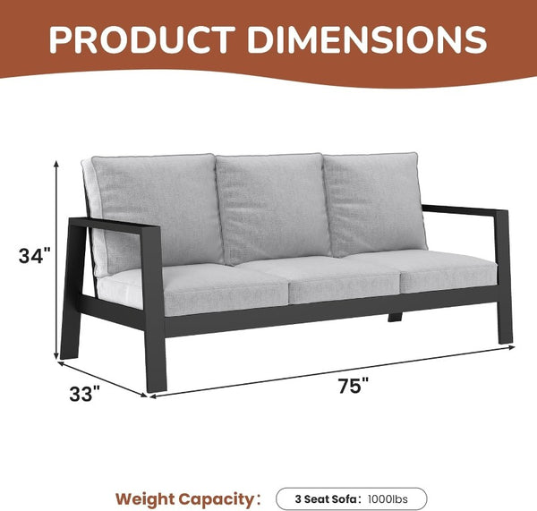 English Elm Outdoor Aluminum 3 Seat Patio Sofa with Deep Cushions for Deck and Poolside T6051P586479