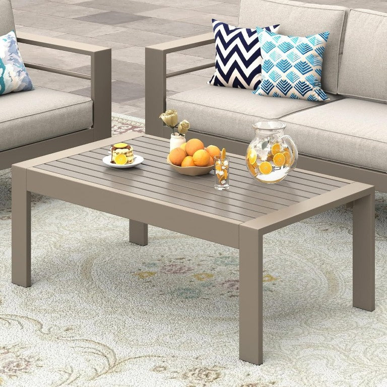 English Elm Outdoor Rectangular Patio Coffee Table Wood Grain Metal Frame for Deck or Garden T6051P586491