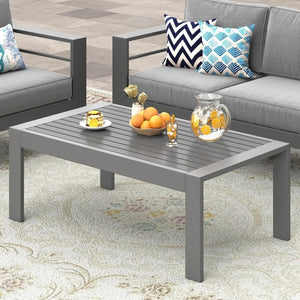 English Elm Outdoor Rectangular Iron Patio Coffee Table with Wood Grain Weatherproof Surface T6051P586503