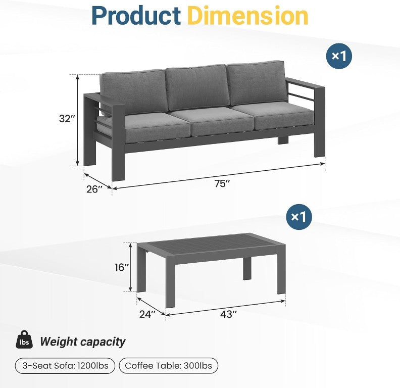 English Elm Metal Outdoor Sofa Set Iron Frame Powder Coated with Thick Olefin Cushions Patio Lounge T6051P586508