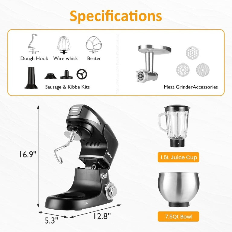 English Elm 6-In-1 Tilt-Head Stand Mixer with 6.5Qt Steel Bowl Dough Hook Blender Pasta Grinder T6051P588277