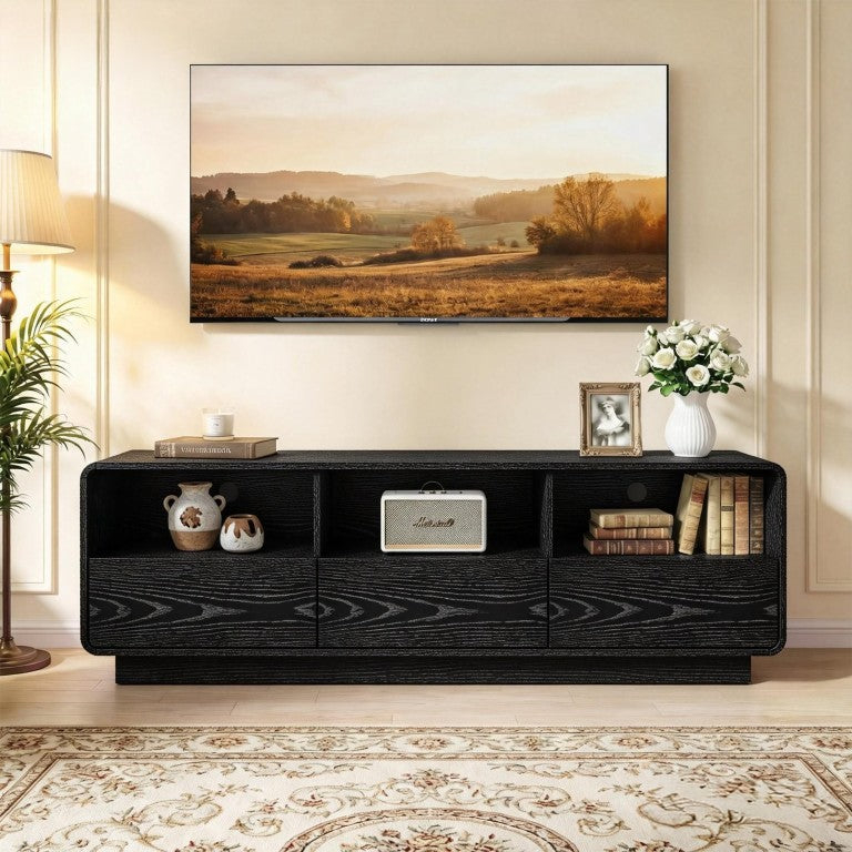 English Elm Floating Wall Mounted Entertainment Center with RGB LED Lights and Three Storage Drawers Black T6051P601898