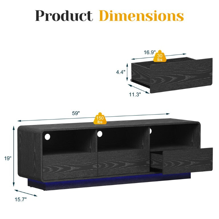 English Elm Floating Wall Mounted Entertainment Center with RGB LED Lights and Three Storage Drawers Black T6051P601898