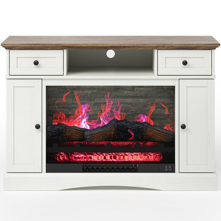 English Elm Tv Stand with Electric Fireplace Farmhouse Media Console White MDF Cabinet T6051P602852