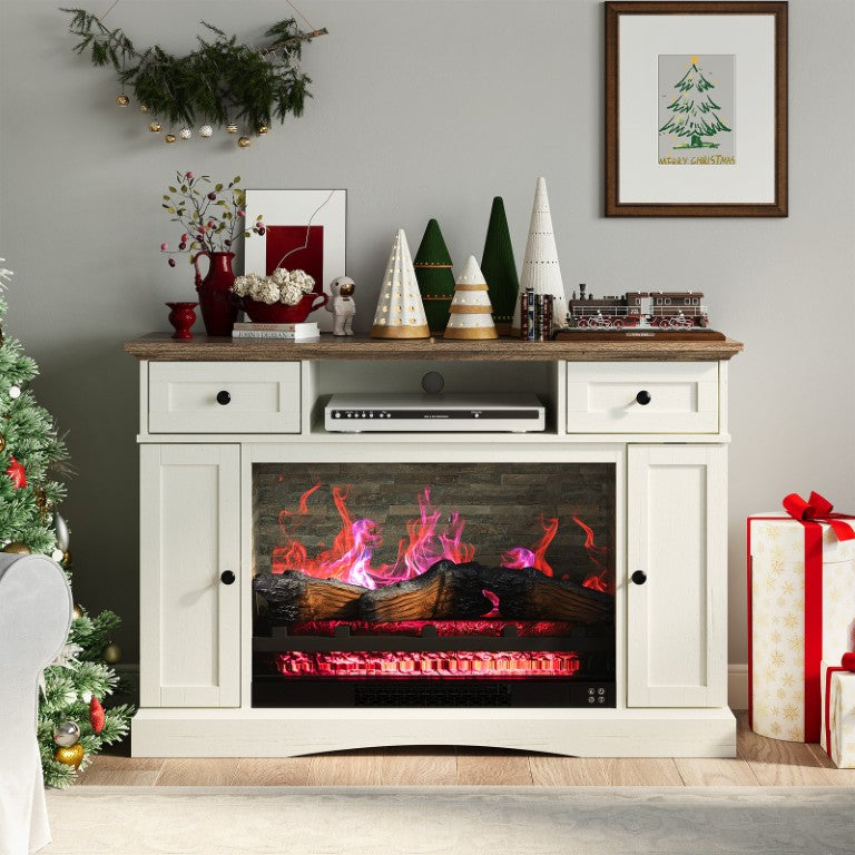 English Elm Tv Stand with Electric Fireplace Farmhouse Media Console White MDF Cabinet T6051P602852