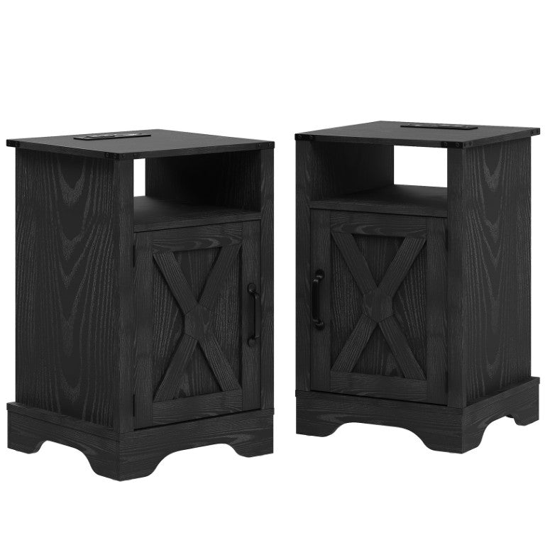 English Elm Farmhouse Nightstand Set of 2 with Built-In Charging Station X-Door Rustic Cabinet Black T6051P602895