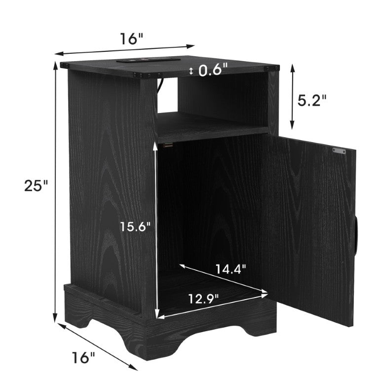 English Elm Farmhouse Nightstand Set of 2 with Built-In Charging Station X-Door Rustic Cabinet Black T6051P602895