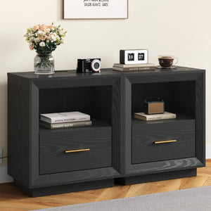 English Elm Nightstand Set of 2 with Built-In Charging Hub Fluted Modern Design for Bedroom Black T6051P603149