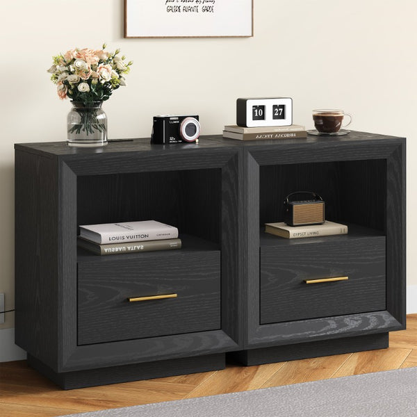 English Elm Nightstand Set of 2 with Built-In Charging Hub Fluted Modern Design for Bedroom Black T6051P603149