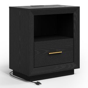 English Elm Nightstand Set of 2 with Built-In Charging Hub Fluted Modern Design for Bedroom Black T6051P603149