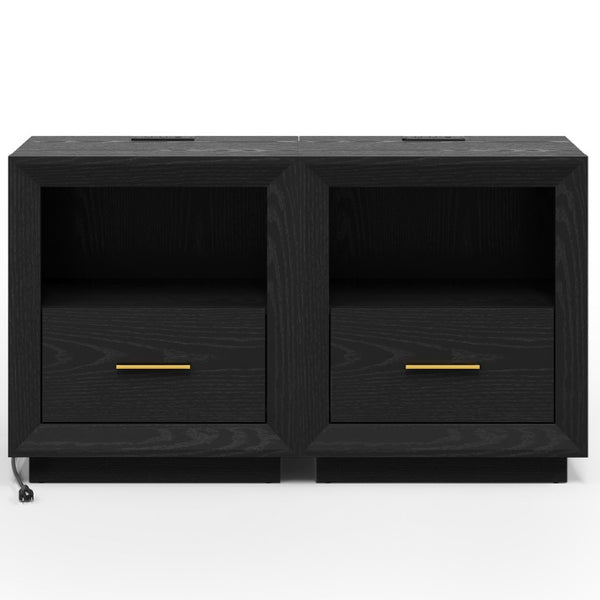 English Elm Nightstand Set of 2 with Built-In Charging Hub Fluted Modern Design for Bedroom Black T6051P603149