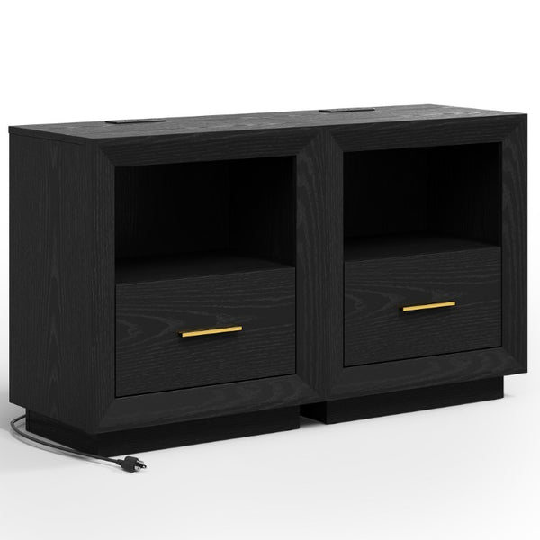 English Elm Nightstand Set of 2 with Built-In Charging Hub Fluted Modern Design for Bedroom Black T6051P603149
