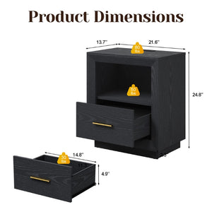 English Elm Nightstand Set of 2 with Built-In Charging Hub Fluted Modern Design for Bedroom Black T6051P603149