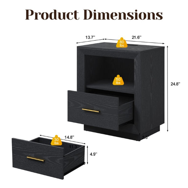 English Elm Nightstand Set of 2 with Built-In Charging Hub Fluted Modern Design for Bedroom Black T6051P603149