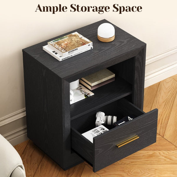 English Elm Nightstand Set of 2 with Built-In Charging Hub Fluted Modern Design for Bedroom Black T6051P603149