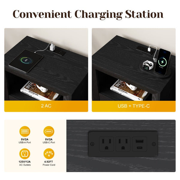 English Elm Nightstand Set of 2 with Built-In Charging Hub Fluted Modern Design for Bedroom Black T6051P603149
